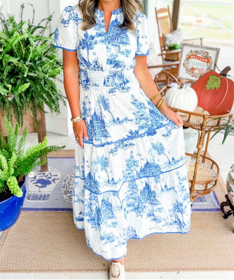 women's classic charm toile maxi dress Black & White Toile Cotton Linen Maxi Dress - All Dresses