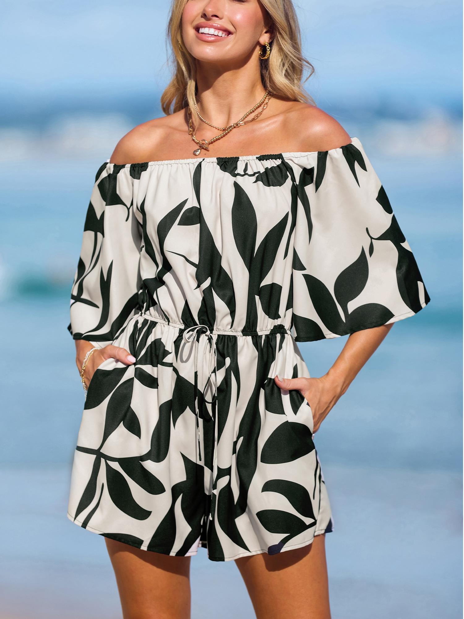 Women's Summer Printed Off Shoulder Bell Sleeve Jumpsuit