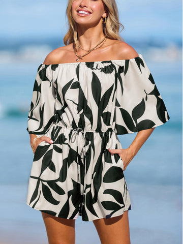 Women's Summer Printed Off Shoulder Bell Sleeve Jumpsuit