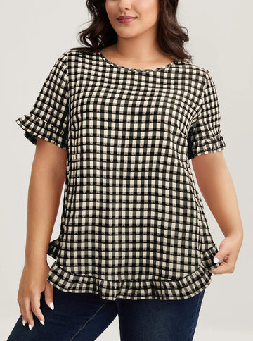 Women's Check Print Ruffle Sleeve Crew Neck T-Shirt