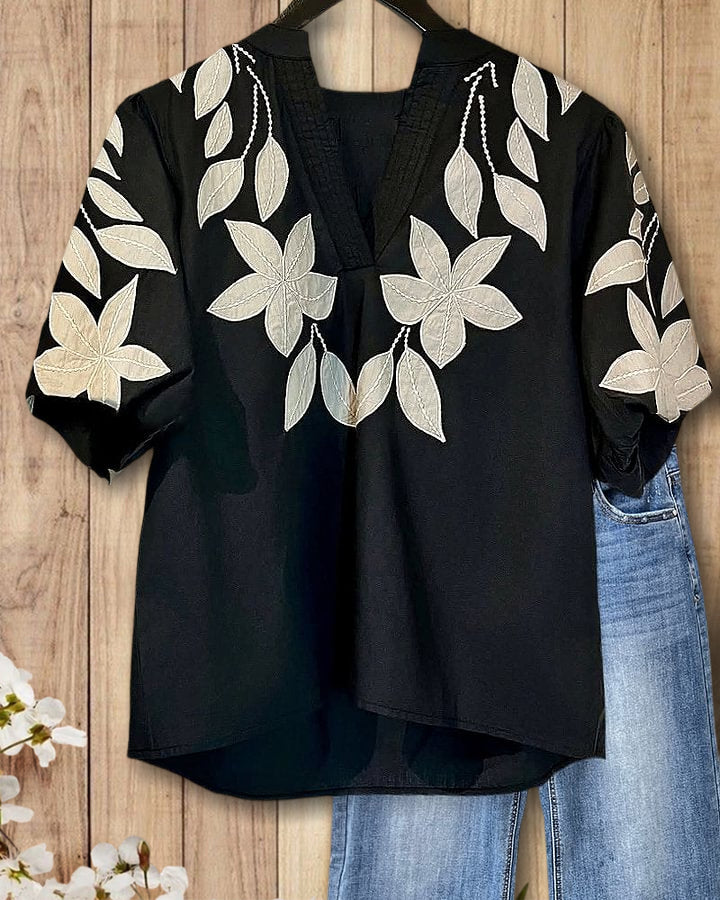 Women's V Neck Puff Sleeve Floral Embroidery  T-Shirt