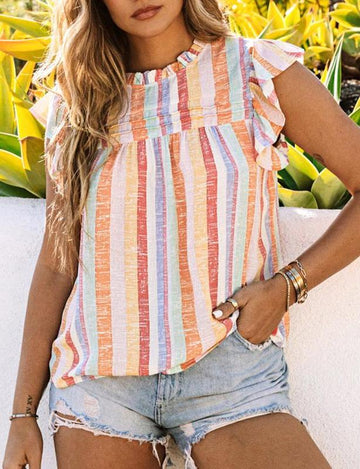 Women's Round Neck Casual Ruffle Sleeve Striped Top