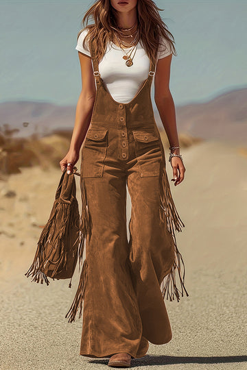 Stylish Suede Tassel Button Pocket Casual Wide-leg Overalls