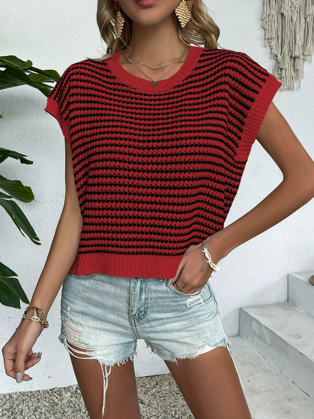 Women's Summer Knit Sweater Striped Vest Cap Sleeve