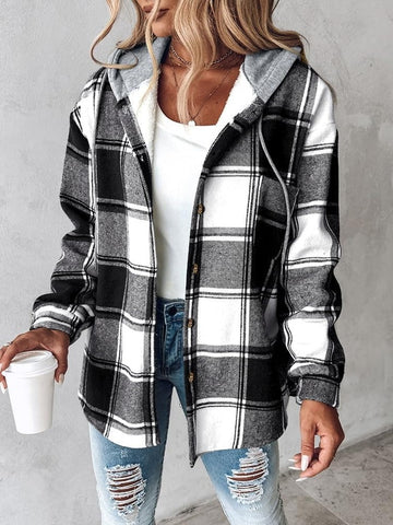 Women's Plaid Button Down Fleece Lined Hooded Jackets Warm Coat