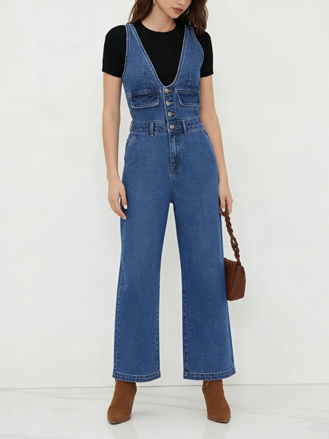 Women's Chic V-Neck Relaxed Fit Denim Jumpsuit