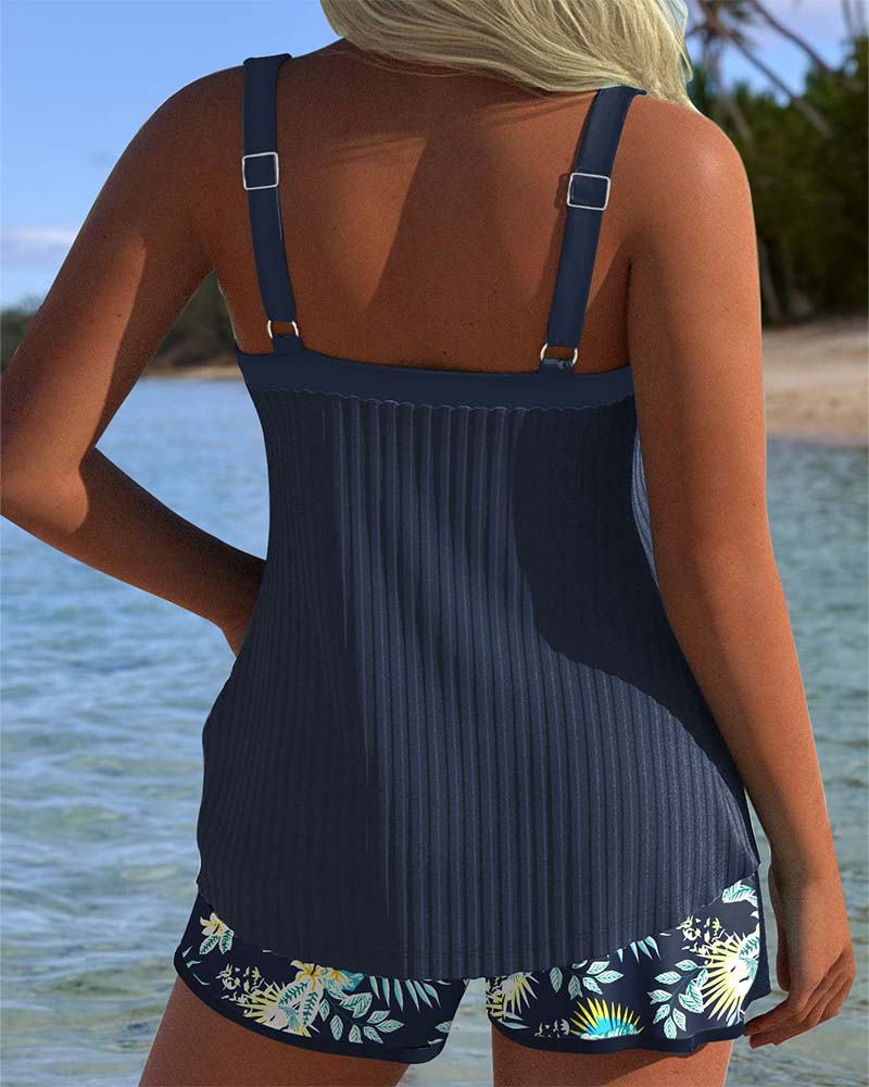 Women's Striped Tankini with Tummy Control and Adjustable Straps