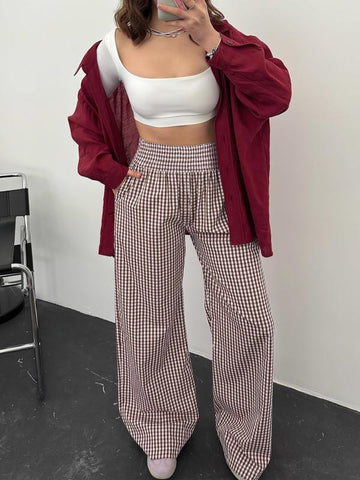 Womens Gingham Palazzo High Waisted Pants