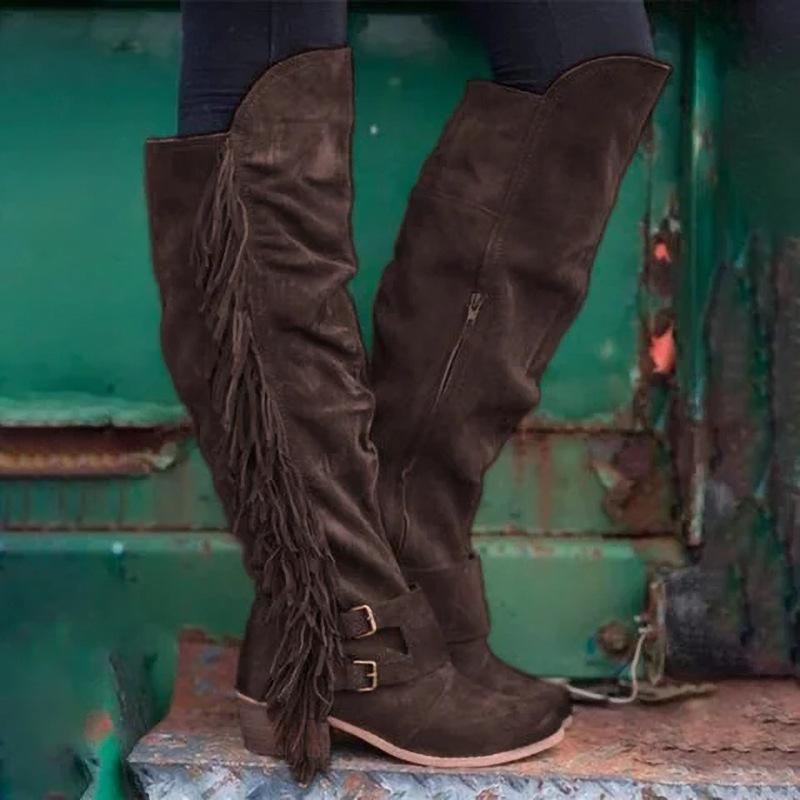 Women's Knee High Fringe Boots Suede Long Tassels Boots