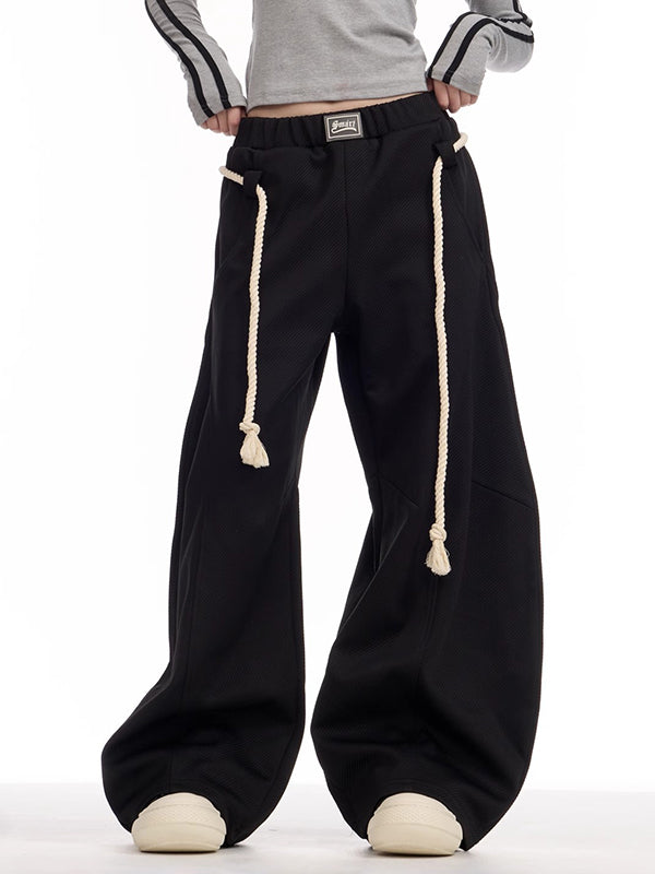 High Waisted Loose Drawstring Elasticity Pockets Solid Color Pants Trousers