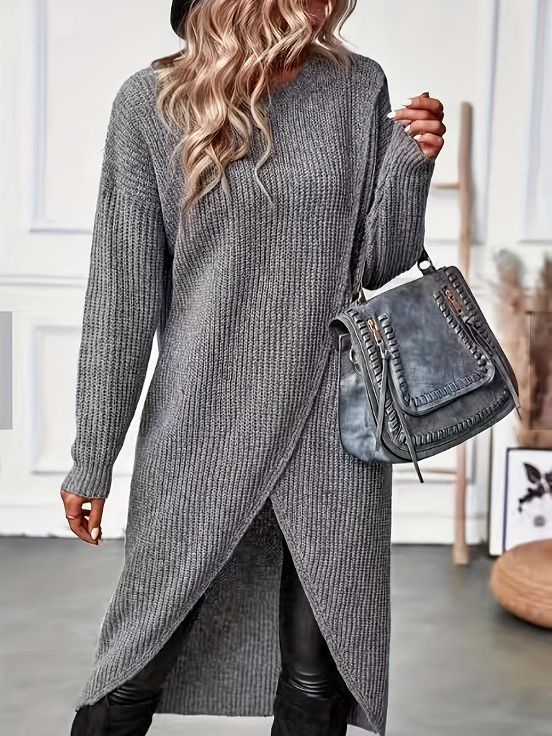 Women's Plain High Low Hem Wrap Tunic Sweater Dress