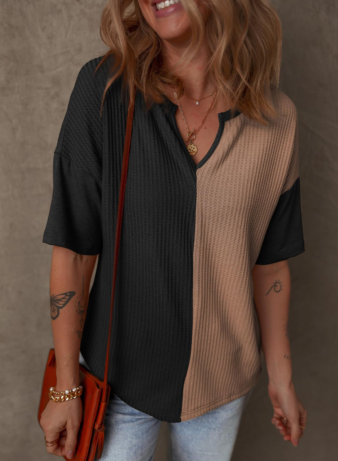 Women's Half Sleeve Waffle Knit Casual V Neck Colorblock Patchwork Shirts