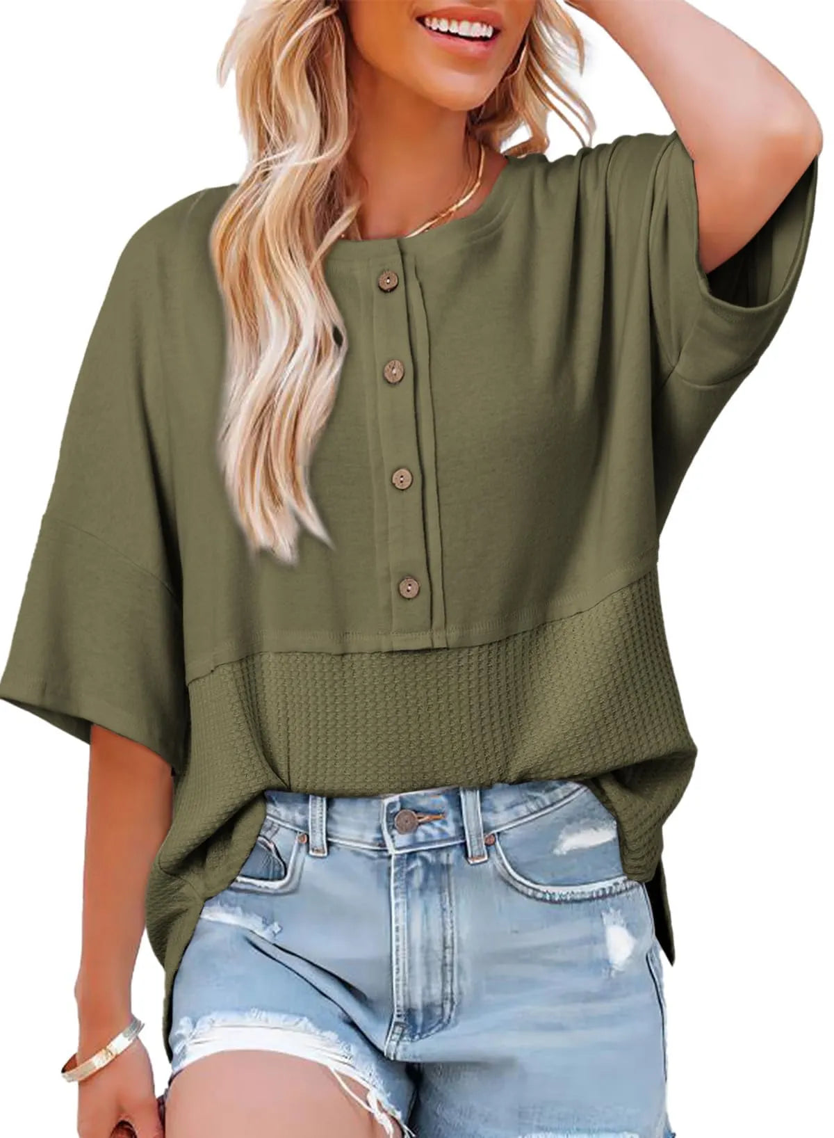 Women's 3/4 Sleeve Casual Button Down Waffle Knit Tops