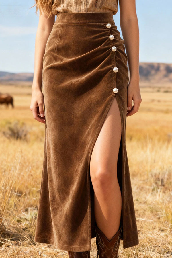 Stylish Suede High-waisted Pleated Casual Slit Midi Skirt