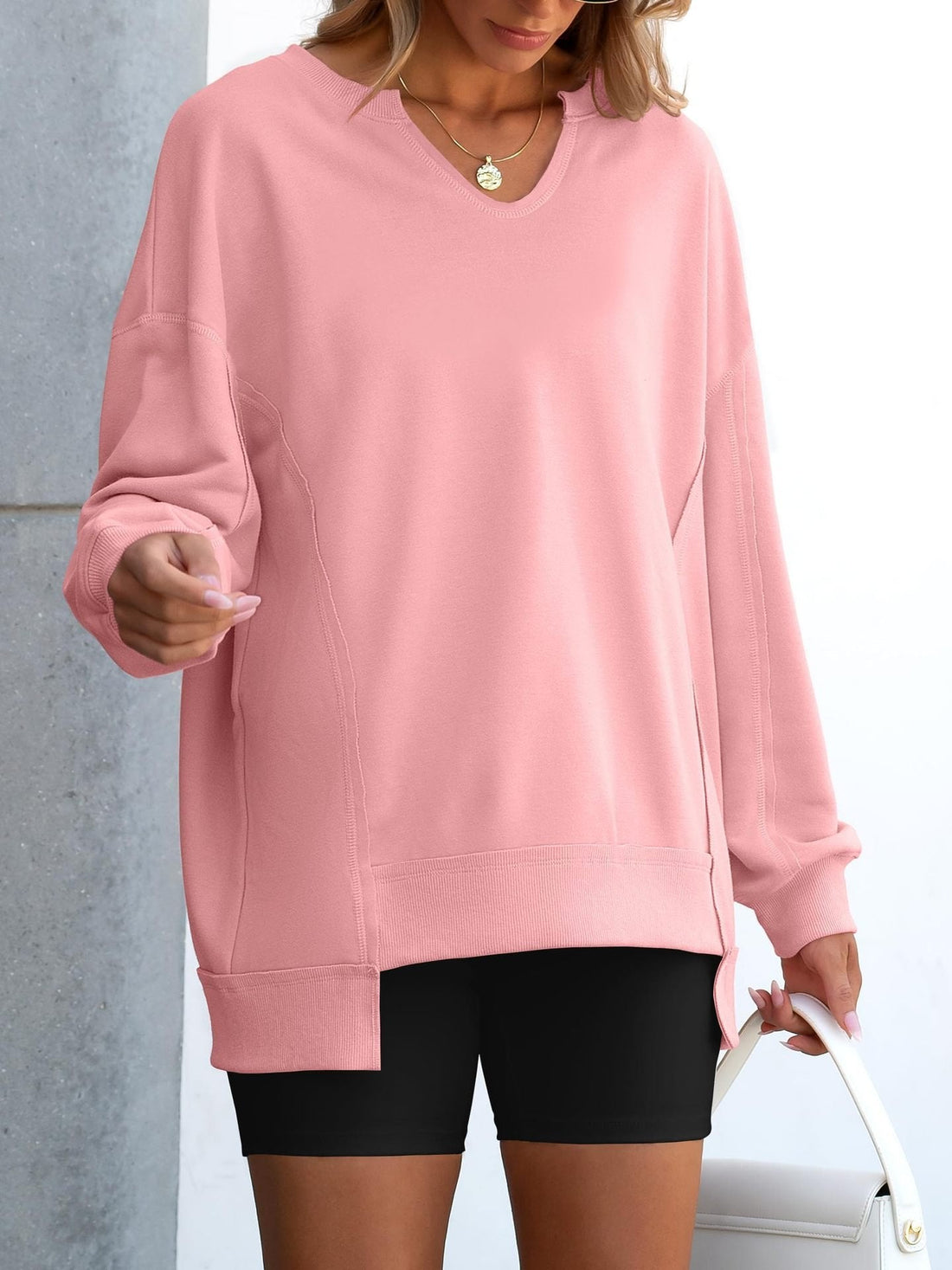 Womens Oversized Sweatshirt V Neck Long Sleeve Tunic Lightweight Pullover
