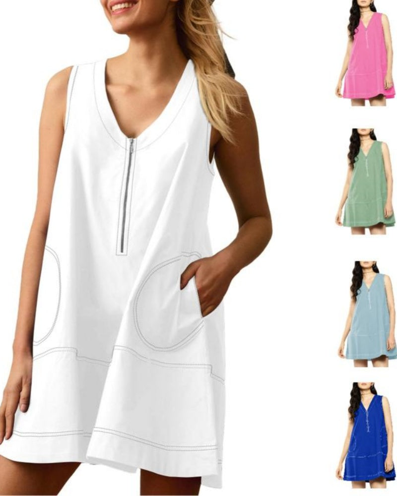 Women's Half Zip Sleeveless Color Block Dress with Pockets