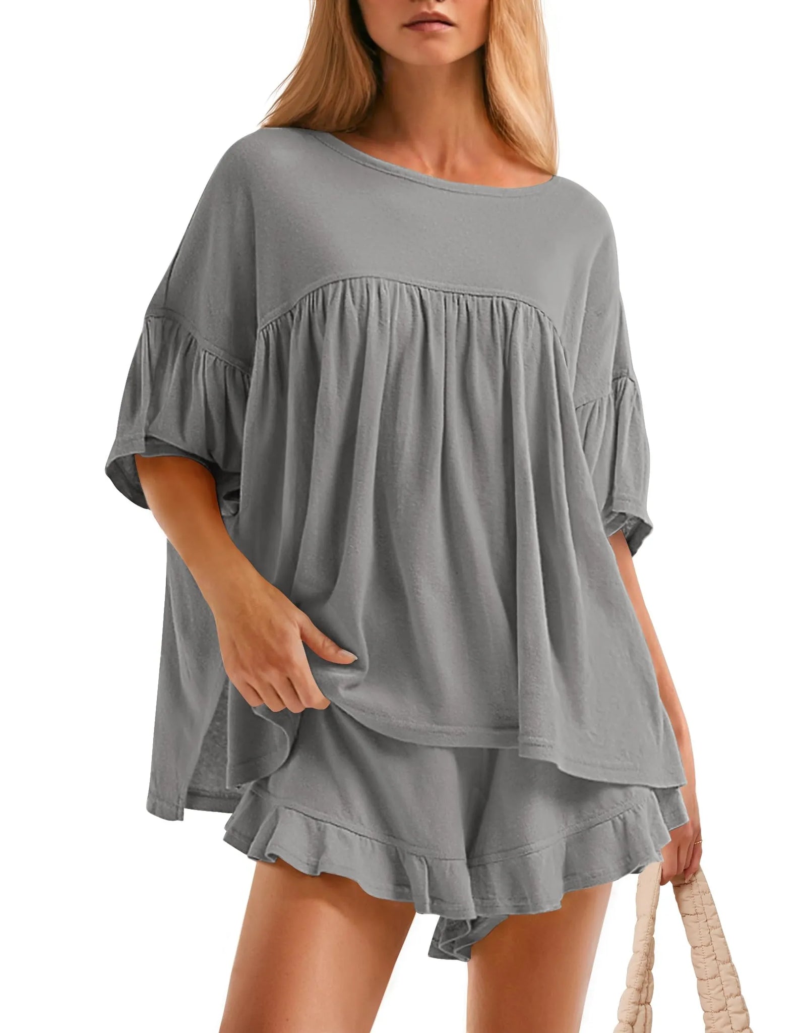 Women's Ruffle Short Sleeve Tops and Shorts Casual Loose Oversized Lounge Sets