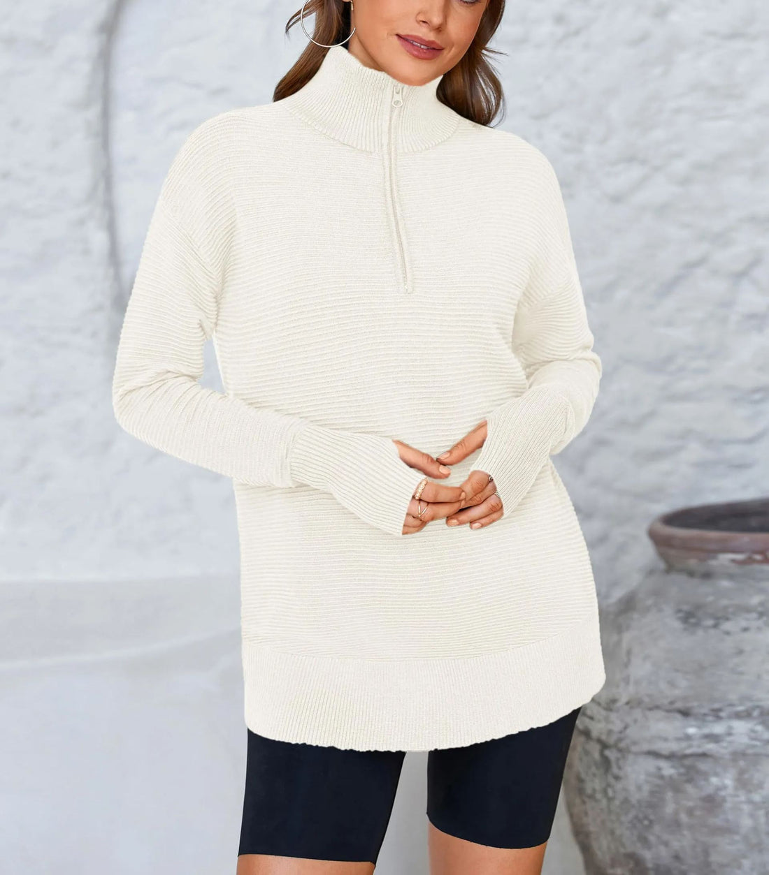 Women's Half Zip Oversized Ribbed Knit Pullover Sweater
