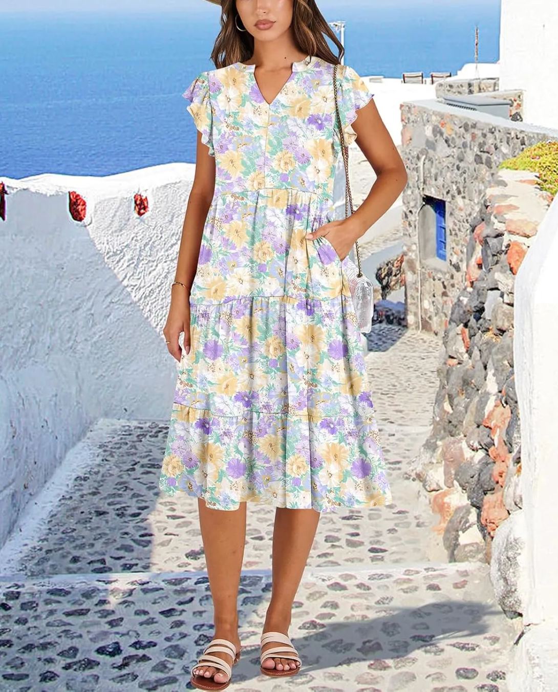 Ruffle Sleeve V Neck Fit Flowy Tiered Midi Dresses