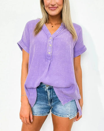 Women's Washed Double Gauze 3/4 Button Henley Top