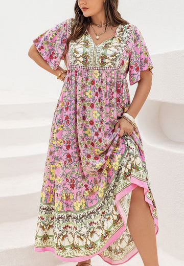 Women's Floral V Neck Floating Sleeves Long Dress