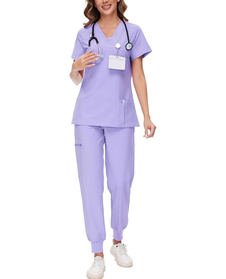 Womens Stretch V-Neck Scrub Top and Jogger Pant Set with 8 Pockets