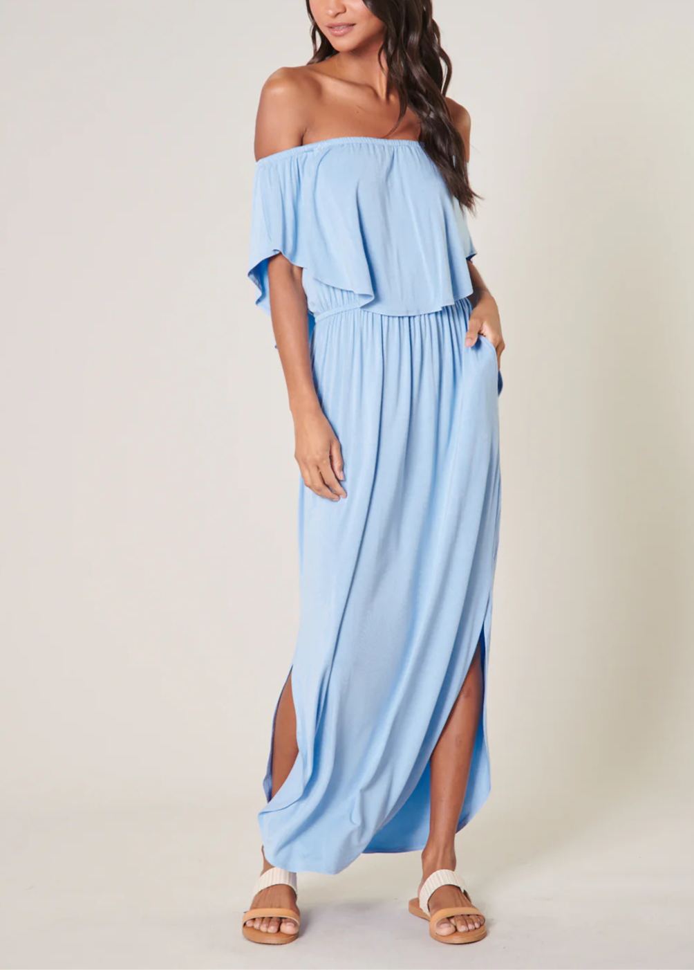 Women's Off-the-shoulder Ruffled Side Slit Beach Maxi Dress