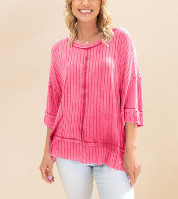 Women's Acid Washed Ribbed Drop Shoulder Half Sleeve Boat-Neck Top