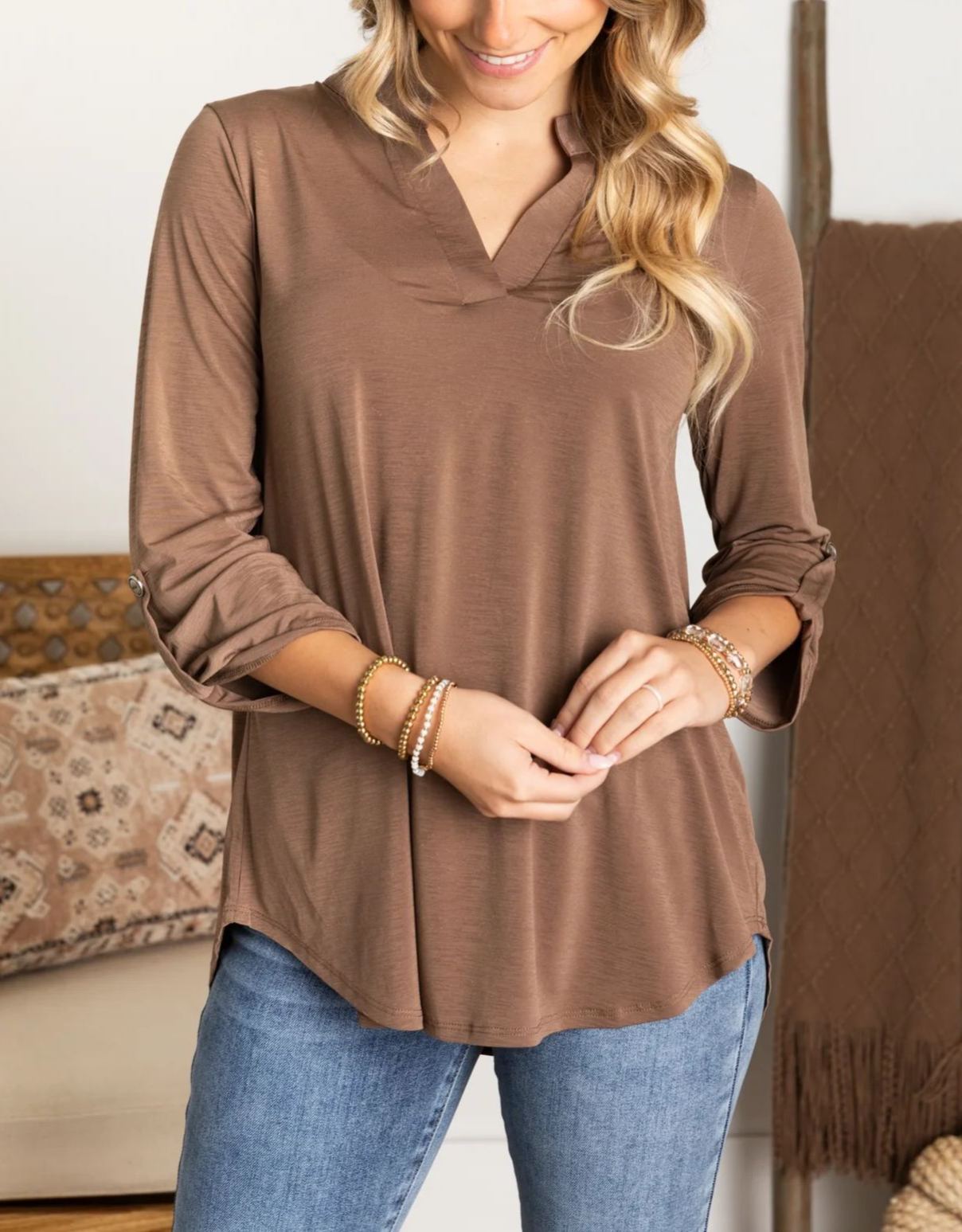 Womens Casual 3/4 Sleeve V Neck Wrinkle Free Top