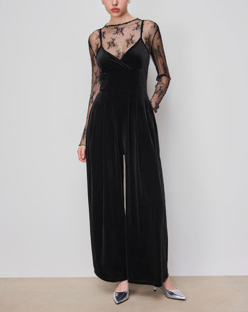 Women's Velvet V-neck Wide Leg Jumpsuit and Stand Collar Lettuce Trim Floral Top Set