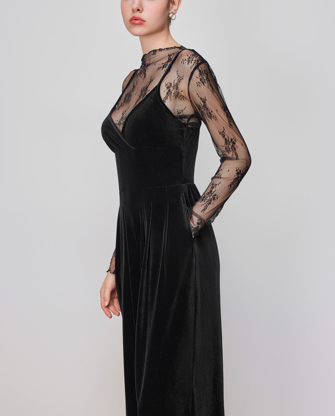 Women's Velvet V-neck Wide Leg Jumpsuit and Stand Collar Lettuce Trim Floral Top Set