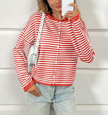 Womens Striped Long Sleeve Open Front Button Down Cardigan Sweater