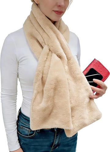 Women's Winter Pull-Through Faux Fur Scarf with Hidden Zipper Pocket