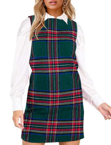 Women's Plaid Sleeveless Round Neck A Line Dresses