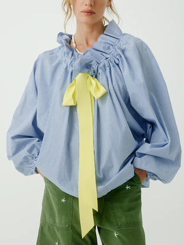 Women's Ruffled Neckline Striped Blouse