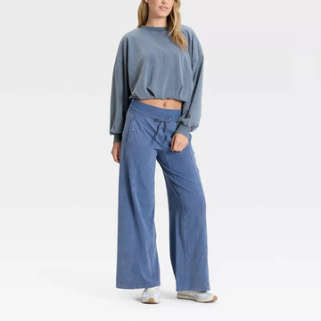 Women's Casual Two-Piece Long-Sleeved Top and Drawstring Wide-Leg Pants Set