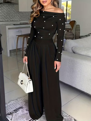 Women's Chic Off-Shoulder Jumpsuit With Pearls