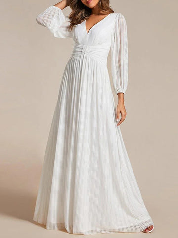 Women's Glittery Empire Waist Long Lantern Sleeves A-Line Evening Dress