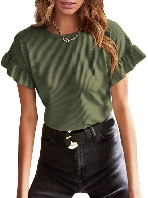 Women's Summer Ruffle Solid Color Crew Neck Basic T-Shirt