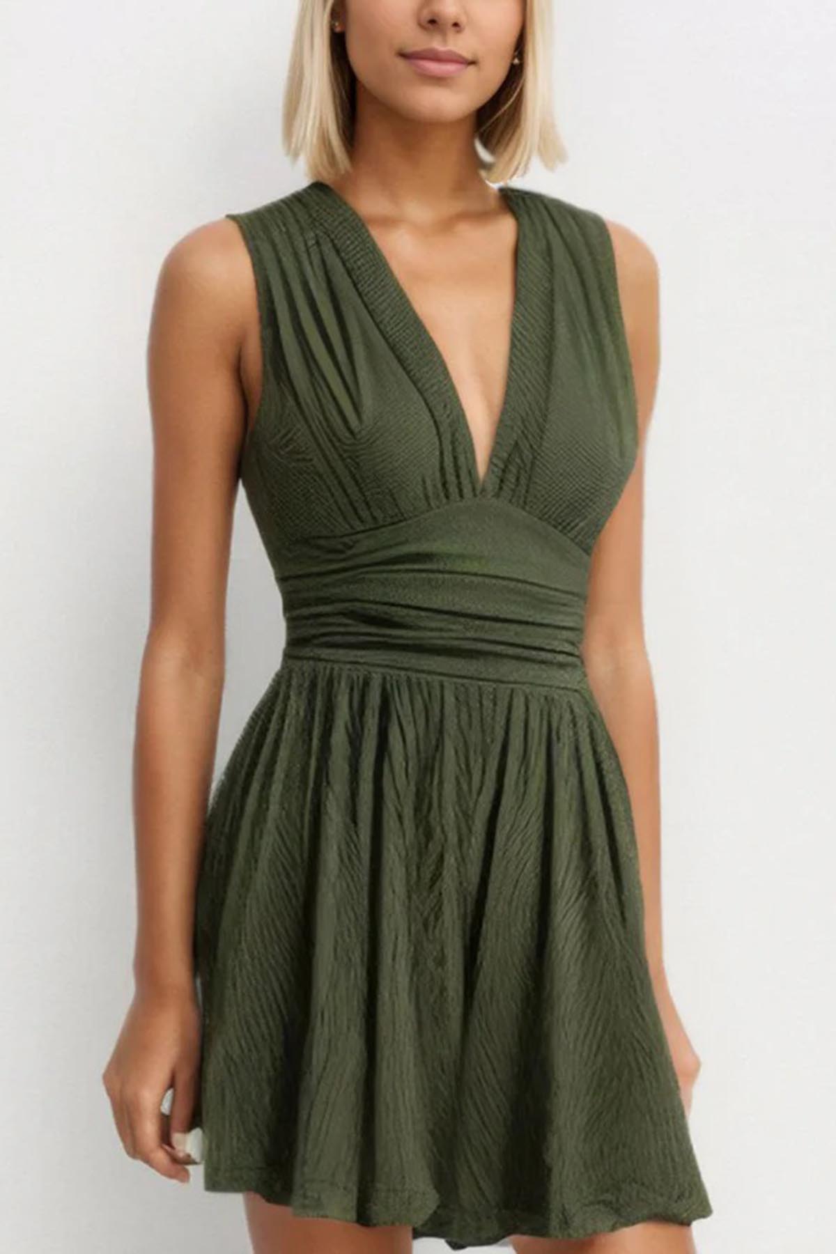 Women's Plain Ruched Deep V Neck Tank Sleeveless Romper