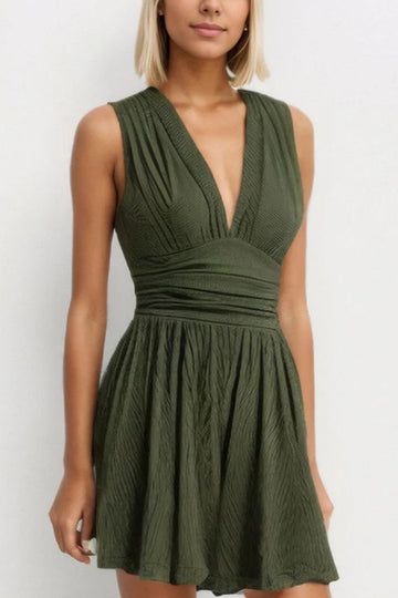 Women's Plain Ruched Deep V Neck Tank Sleeveless Romper