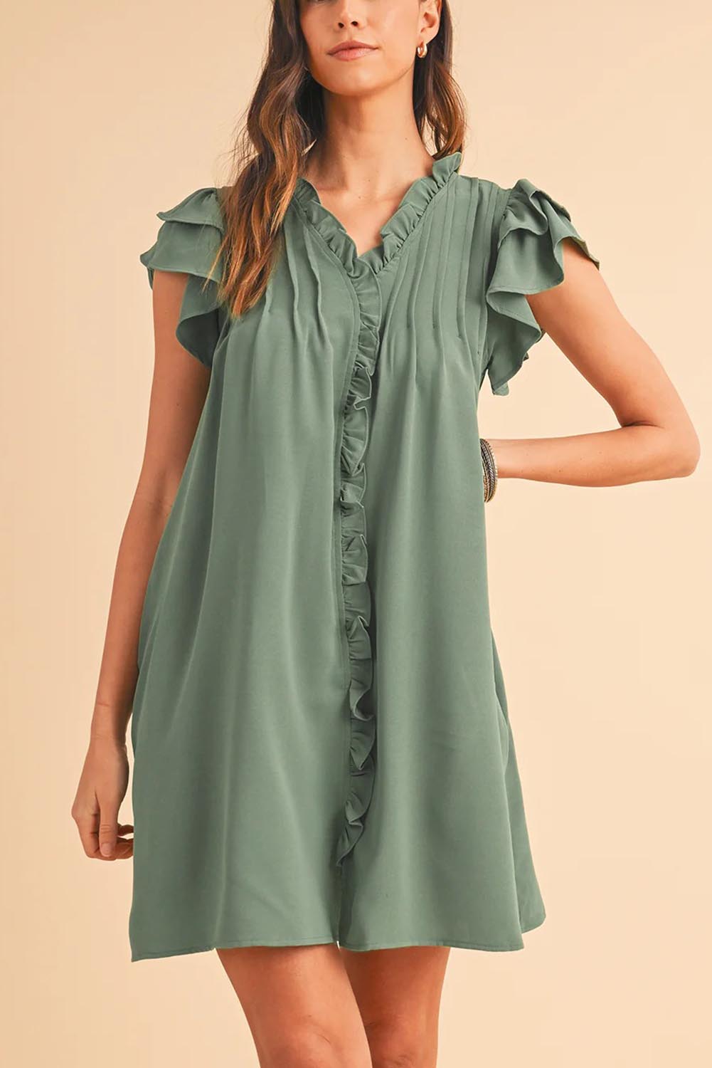 Women's Ruffle Trim Sleeve V Neck Casual Flowy Pleated  Mini Dress