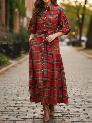 Women's Puff Sleeve Plaid Long Dress