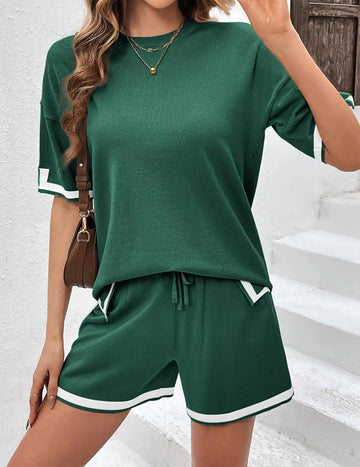 Women's Color Block Knitted Short Sleeve Top And Drawstring Shorts Set