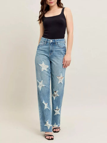 Women's Ripped Star Pattern Straight-Leg Denim Pants