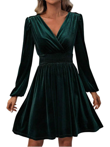 Women's Elegant V Neck Long Sleeves Velvet Dress