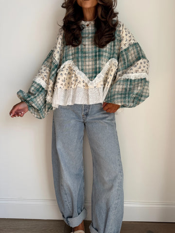 Women's Green Plaid Floral Long Sleeved Shirt