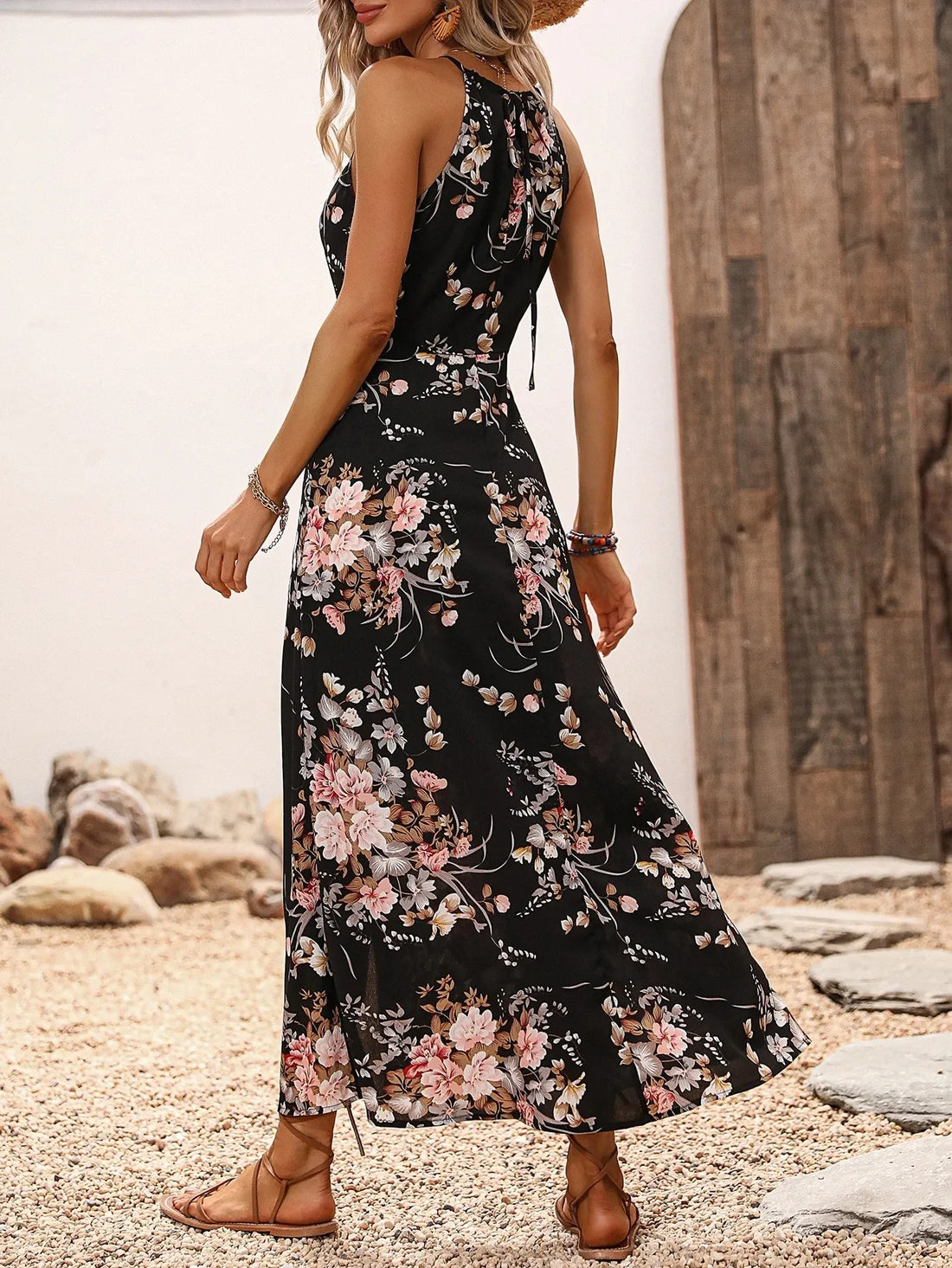 Women's Floral Print Halter Sleeveless Slit Maxi Dress