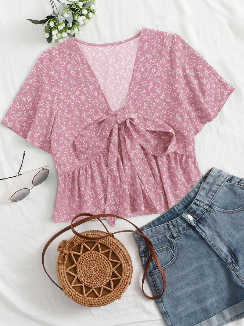 Women's Ruffle Short Sleeve Tie Front Floral Print Shirt