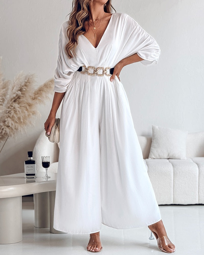 Women's Casual V-Neck Half Sleeve Ruched Jumpsuit